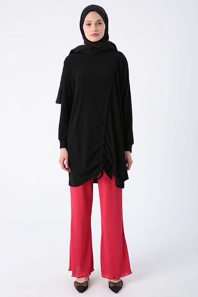 ALLDAY Black Gathered Tie Detailed Crew Neck Tunic