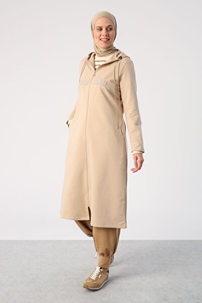 ALLDAY Μπεζ απλικέ κεντημένη ζακέτα με κουκούλα με διπλό κορδόνι