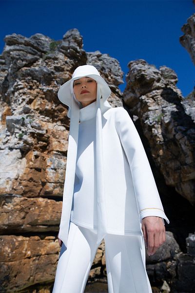 ALLDAY White-Tie Collar Sleeves Slit Scuba Blouse
