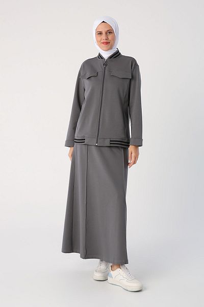 ALLDAY Smoke Striped Ribbed Skirt Short Cardigan Suit
