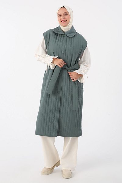 ALLDAY Mold Oversize Vertical Line Long Quilted Vest with Snap Fasteners