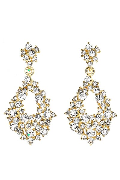 Dora Accessories Damla Şeklinde Sallantılı Beyaz Taşlı Altın Renk Abiye Küpe