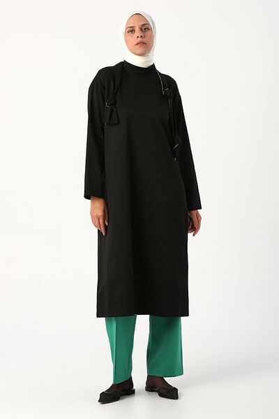 ALLDAY Black Long Tunic with Knotted Collar and Chain
