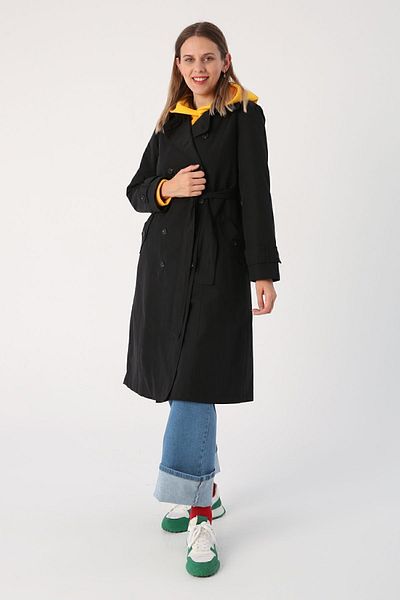 ALLDAY Schwarzer, zweireihiger, gefütterter Trenchcoat mit Kragen und Gürtel