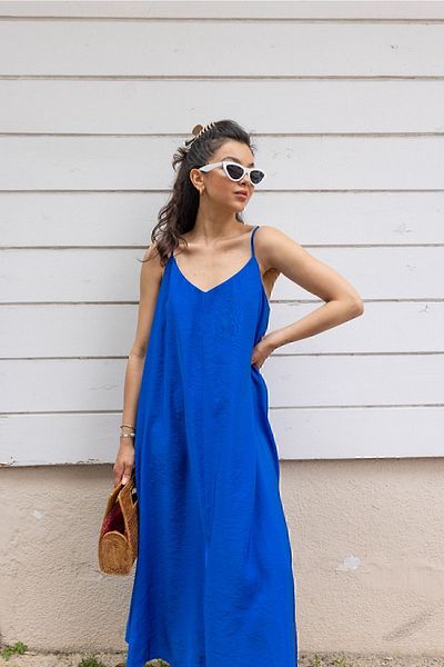 Askı Nişantaşı Φόρεμα Saks Blue Strap Stitch Detailed Dress 101-01255