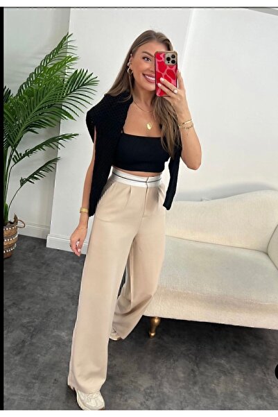 manana fashion Παντελόνι Palazzo με εξαιρετικά ψηλόμεσο κρεμ χρώμα με λεπτομέρεια ζώνης