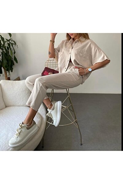 manana fashion Taş Rengi Keten  Bağcıklı Paçası Püskül Detay Pantolon