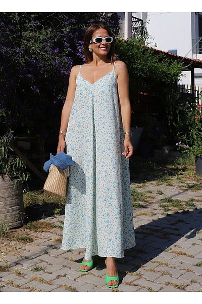 PARQUR Ecru Blue Crispy Pattern Strappy Linen Casual Dress