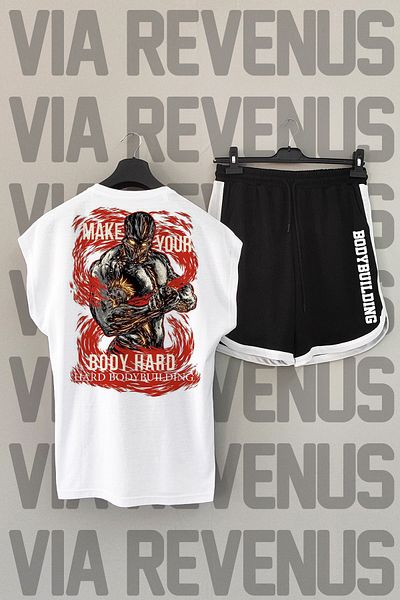 Vordevia Bodybuilding Printed White Zero Sleeve Tshirt and Black Shorts Sports Set