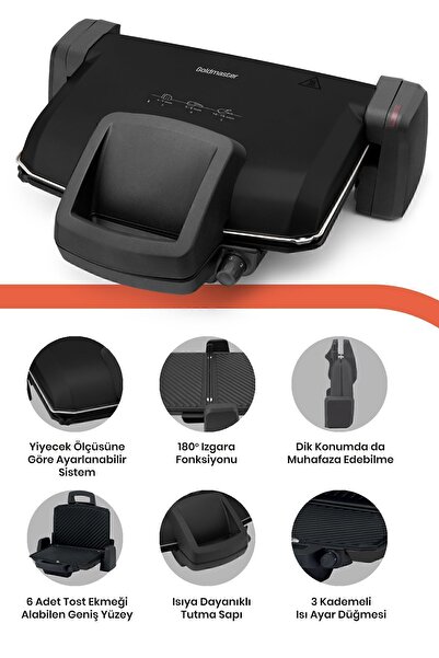 GOLDMASTER Tadım Siyah 1800 Watt Çıkarılabilir Plakalı Kademe Ve Isı Ayarlı Tost Ve Izgara Makinesi