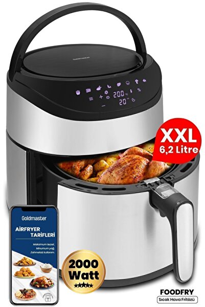 GOLDMASTER Foodfry Özel Tasarım Tutma Kolu Taşınabilir 2000w Inox Dokunmatik Airfryer Yağsız Sıcak Hava Fritözü
