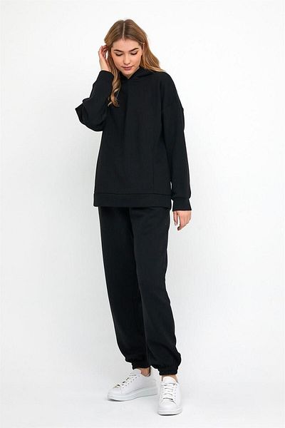 ESPİNA Γυναικεία αθλητική φόρμα oversize με τρεις κλωστές Fleece από καουτσούκ για μέση και πόδια - Μαύρο