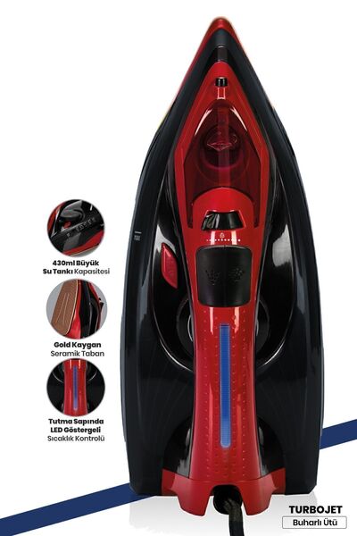 GOLDMASTER Turbojet Kırmızı 2400 Watt Led Göstergeli Seramik Tabanlı 170 Gr Şok Buharlı Ütü