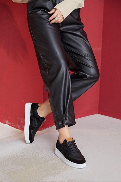 NILUFARR Vontex Black Genuine Leather Women's Sneakers
