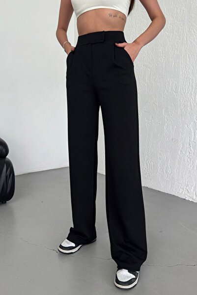 RuyaMood Kadın Siyah Yüksek Bel Likralı Esnek Cırt Kapamalı Pileli Rahat Kalıp Palazzo Pantolon