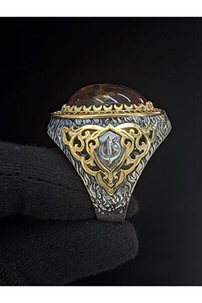 Senin Silver Fosil Kehribar Vav Harfli 925 Ayar Gümüş Erkek Yüzük | Detaylı Taş Tasarımı l El Yapımı