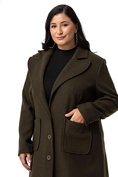 DISENTIS MODEST Long Khaki Stamp Coat - Large Size, Bag Pocket and Lined