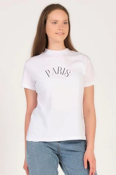 PHIL HILL White Paris Printed Women's T-Shirt - Stand Collar, 100% Cotton