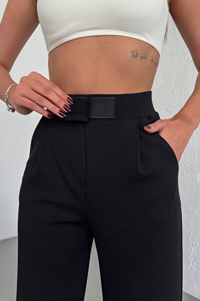 RuyaMood Kadın Siyah Yüksek Bel Likralı Esnek Cırt Kapamalı Pileli Rahat Kalıp Palazzo Pantolon