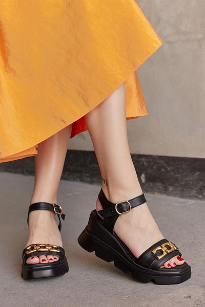 NILUFARR Nicoleta Black Genuine Leather Thick Soled Sandals