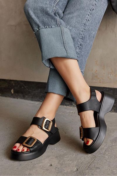 NILUFARR Albania Black Genuine Leather Gold Buckle Women's Sandals