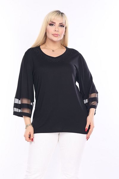 garajmood Women's Large Size Three-quarter Sleeve Blouse with Stone Detail on the Collar