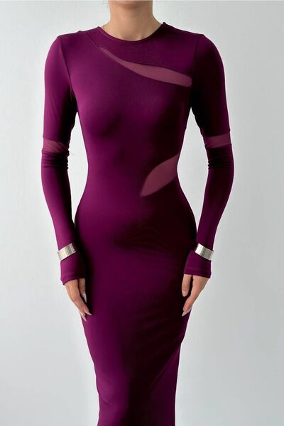 bayansepeti Mürdüm Esnek Kumaş Transparan Detaylı Uzun Kollu Arkası Yırtmaçlı Maxi Abiye Elbise 275