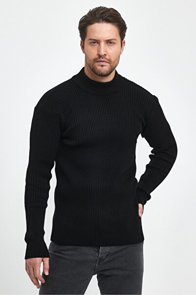 THE RULE Men's Black Half Turtleneck Ribbed Patterned Non-Pilling Regular Fit Knitwear Sweater