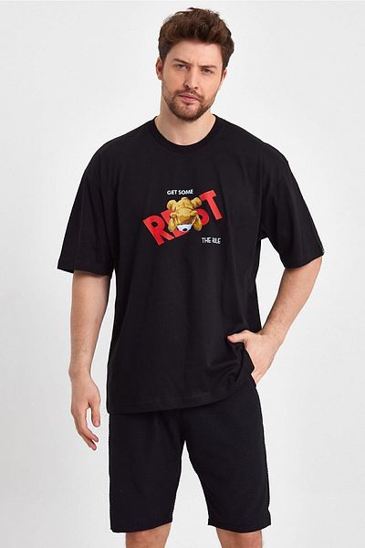 THE RULE Ανδρικό αρκουδάκι με στάμπα Oversize 100% βαμβακερό φαρδύ φαρδύ λαιμόκοψη μαλακό μαύρο μπλουζάκι