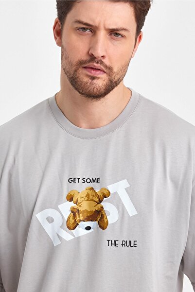 THE RULE Чоловічий футболка з принтом ведмедика, оверсайз, 100% бавовна, вільний крій, комір-стійка, м'яка текстура, сірий колір