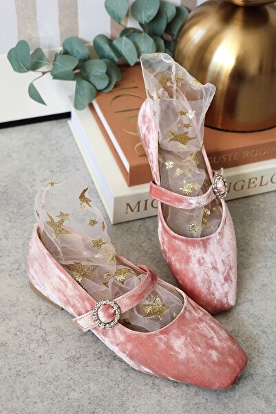 POLKA STORE Velvet Kadife Pudra Pembe Arkası Kapalı Tek Bant Kare Burunlu Baretli Kadın Babet Ayakkabı Mary Jane