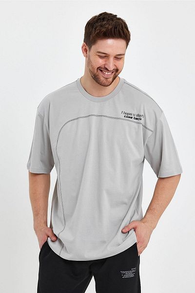 THE RULE Ανδρική λεπτομέρεια ραφής Oversize 100% βαμβακερό φαρδύ φαρδύ κομμένο λαιμόκοψη με απαλή υφή Ice γκρι μπλουζάκι