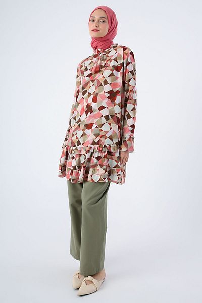 ALLDAY Ecru-burgundy Patterned Viscose Tunic with Frilly Collar Sleeves and Skirt and Zipper Closure