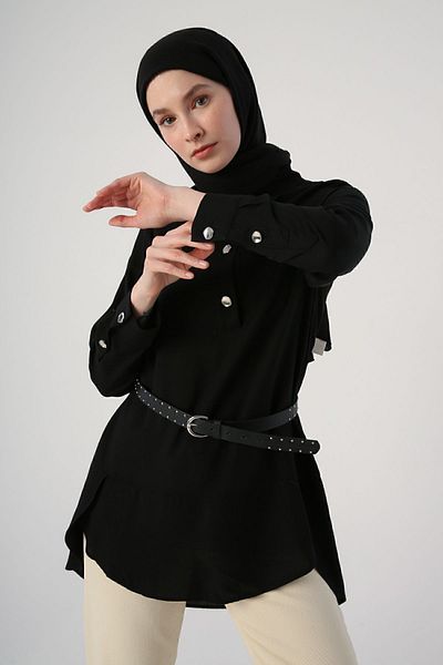 ALLDAY Black Shirt Collar Half Placket Slit Long Back Tunic