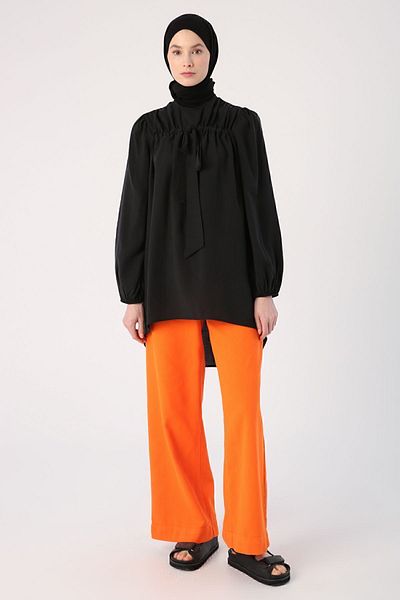 ALLDAY Black Gathered Bow Detailed Casual Tunic with Buttons on the Back