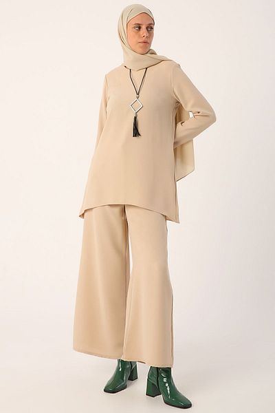 ALLDAY Beige Necklace Wide Leg Trousers Tunic Suit