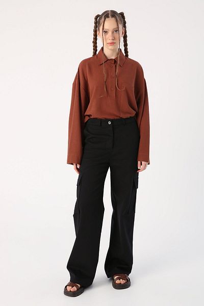 ALLDAY Pantaloni negri din bumbac cargo cu picior largi
