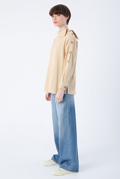 ALLDAY Yellow-Cotton Shoulder Buttons Striped Blouse