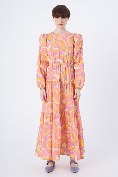 ALLDAY Lila-gelbes Rüschenkleid aus 100 % Baumwolle mit Ärmeln, Rüschen und detailliertem Reißverschluss