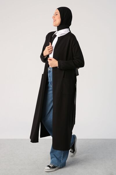 ALLDAY Siyah Kuşaklı Cepli Bisiklet Yaka Uzun Hırka