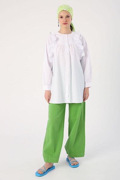 ALLDAY White Ruffle Detailed Cotton Crew Neck Shirt Tunic