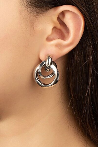 MRK Trend Kadın Lüks Gümüş Renk Iç Içe Daire Küpe