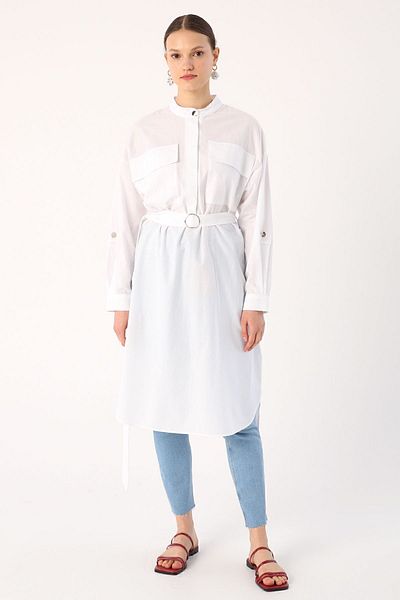 ALLDAY White 100% Cotton Judge Collar Belted Pocket Tunic
