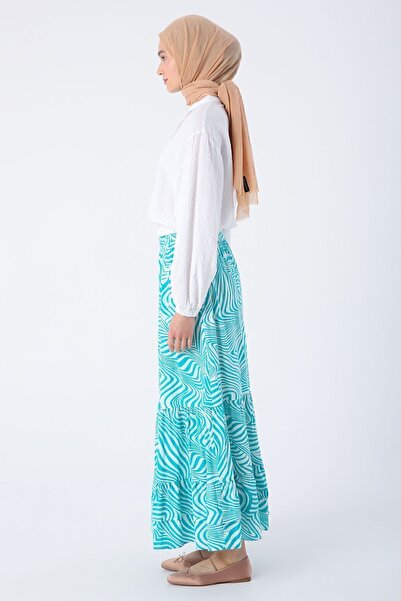 ALLDAY Green-white 100% Cotton Patterned Skirt with Elastic Waist and Ruffle Detail