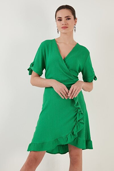 Lela Fırfırlı Kruvaze Yaka Kısa Kollu Krinkıl Esnek Elbise Elbise 5865016