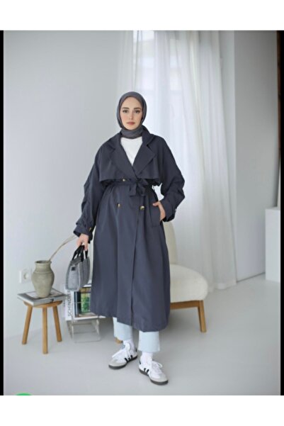 manana fashion Lacivert   Kuşaklı Kruvaze Uzun  Trençkot