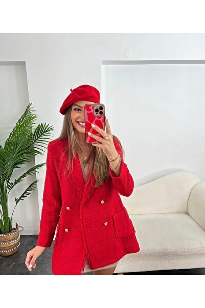 manana fashion Gold Buttoned Tasseled Double Breasted Red Tweed Jacket