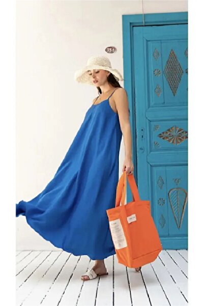 manana fashion Ayrobin Kumaş Ayarlanabilir Askılı Uzun Mavi Elbise