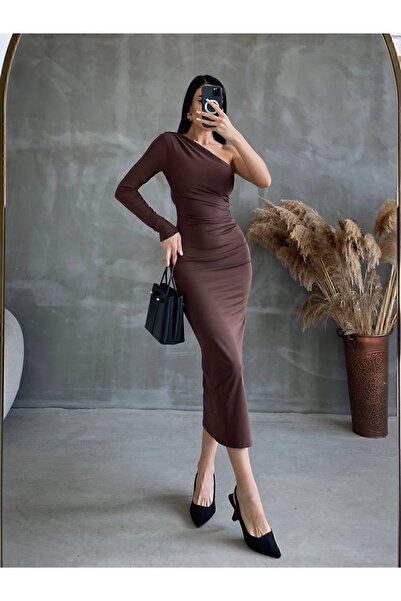 manana fashion Καφέ φόρεμα μίντι με έναν ώμο και σκίσιμο - 7042