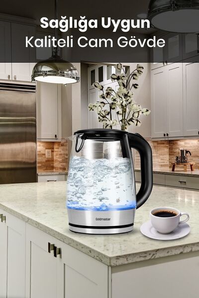 GOLDMASTER Berrak 2200 Watt İnox Paslanmaz Çelik 1.7 Litre Işıklı Cam Kettle Su Isıtıcı